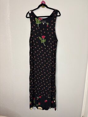 Jenny Helene Black Rose Overall Style Maxi Dress VTG 90s